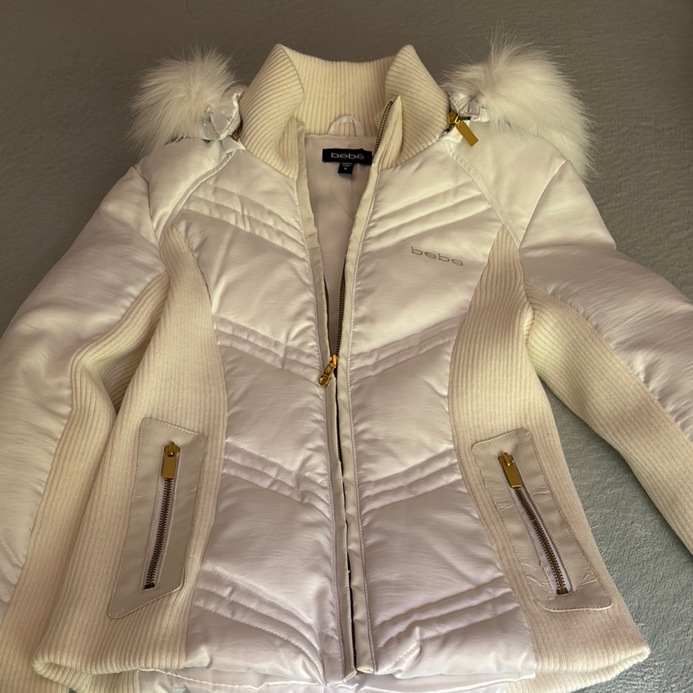 Bebe Women's White Jacket with Fur Trim